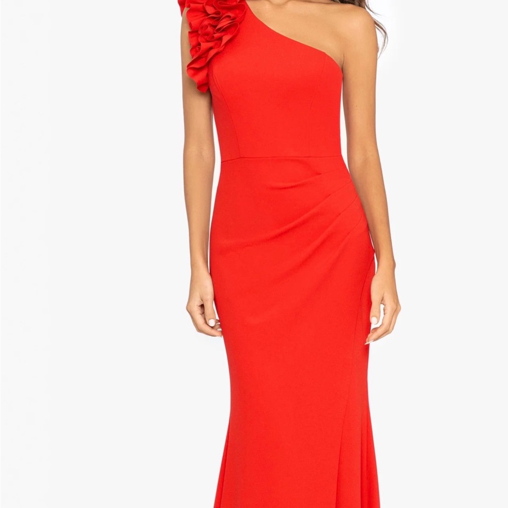 Xscape One-Shoulder Red Evening Gown with Floral Shoulder Detail